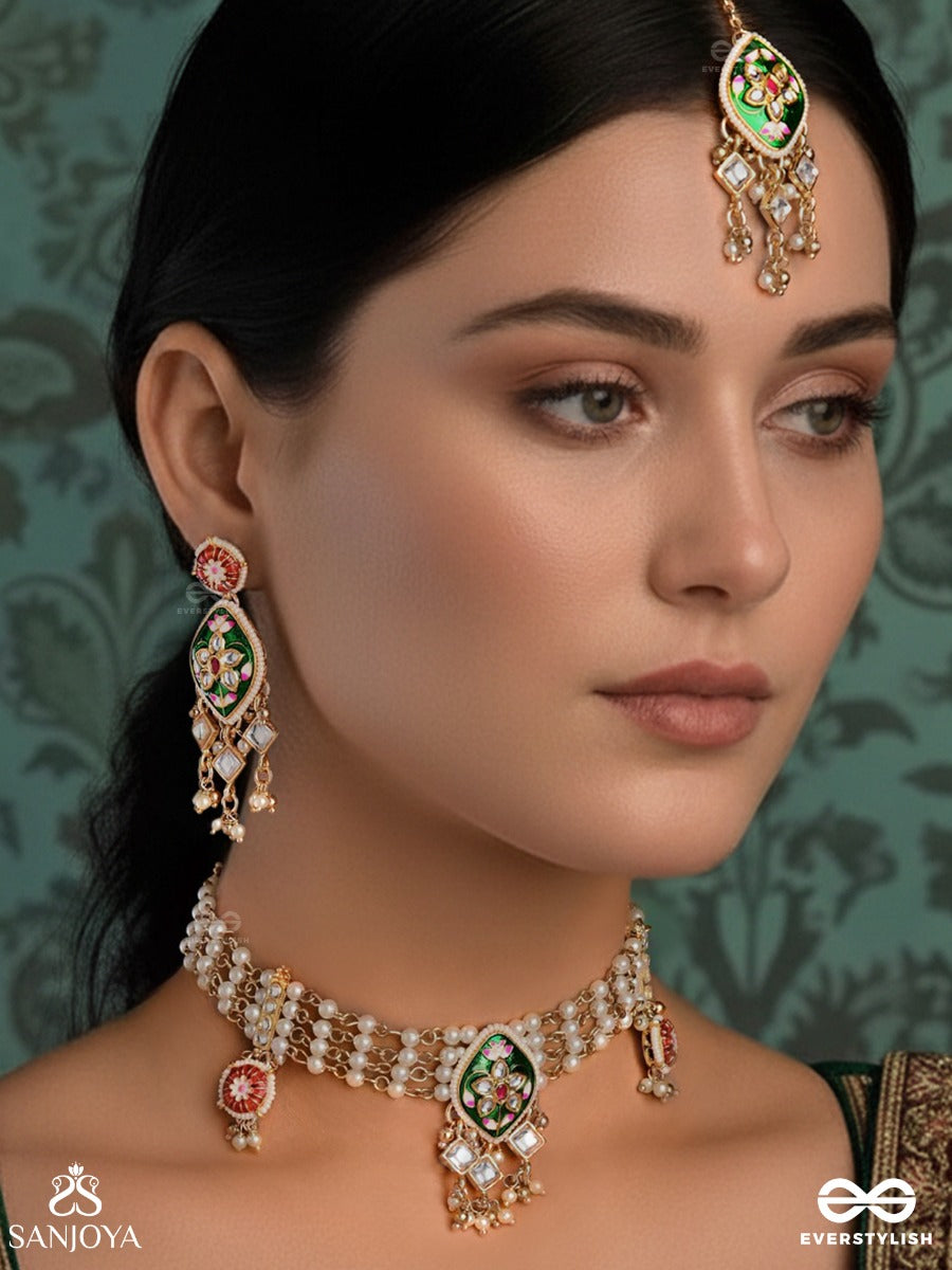 Shringarika - The Adorned One- Elegant Kundan Set With Neckpiece, Earrings And Maangtika