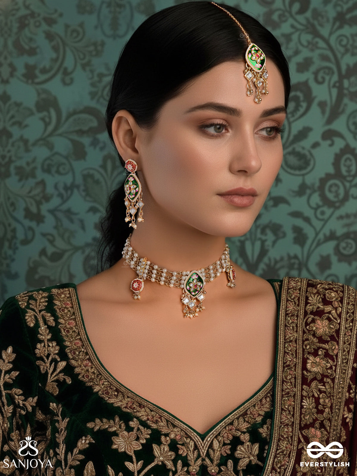 Shringarika - The Adorned One- Elegant Kundan Set With Neckpiece, Earrings And Maangtika