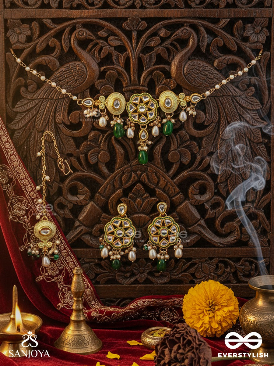 Taralya - Gentle Radiance - Minimal Kundan Set With Neckpiece, Earrings And Maangtika