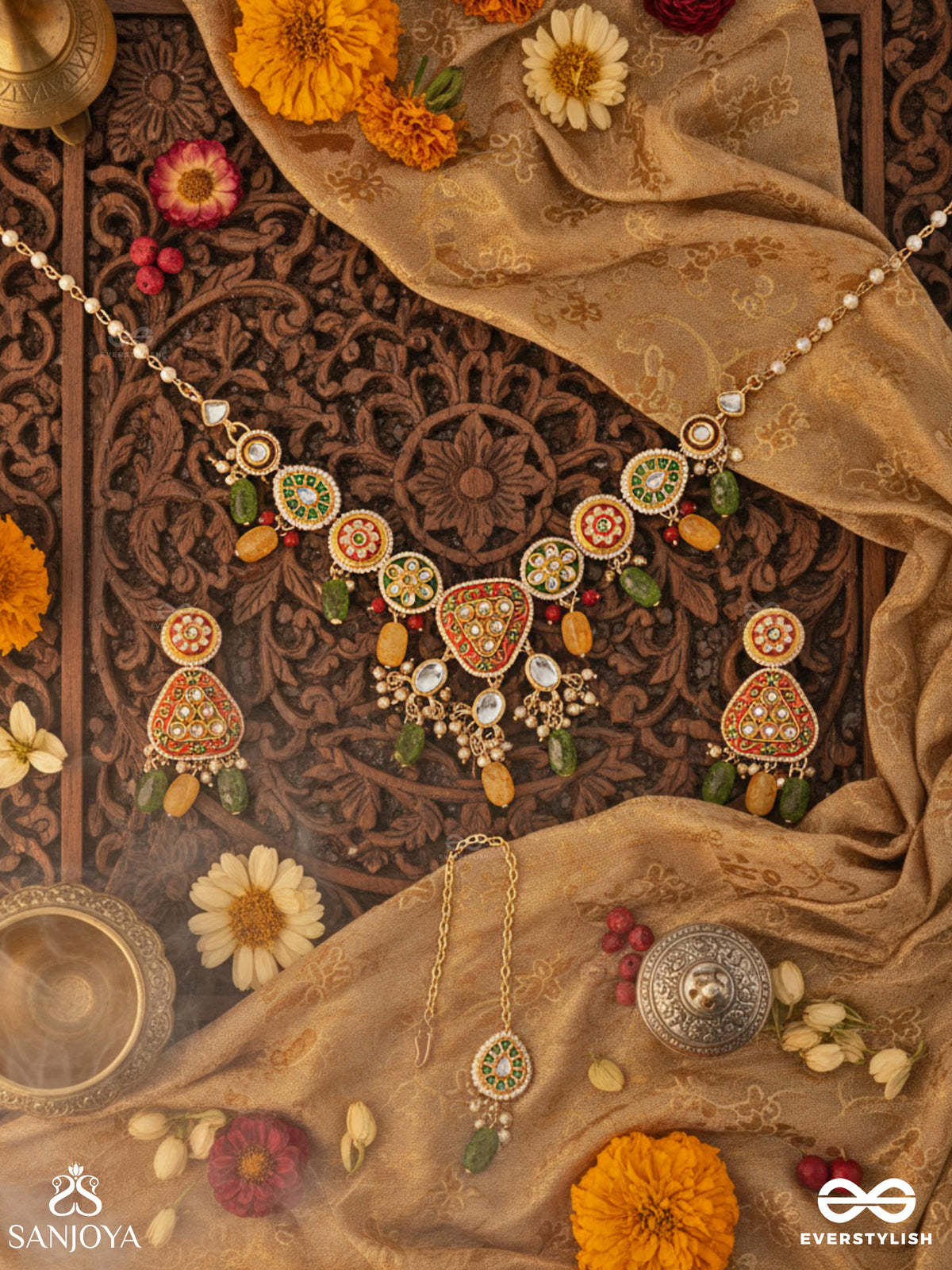 Satrangija - Rainbow-Clad- Festive Enamelled Kundan Set With Neckpiece, Earrings And Maangtika