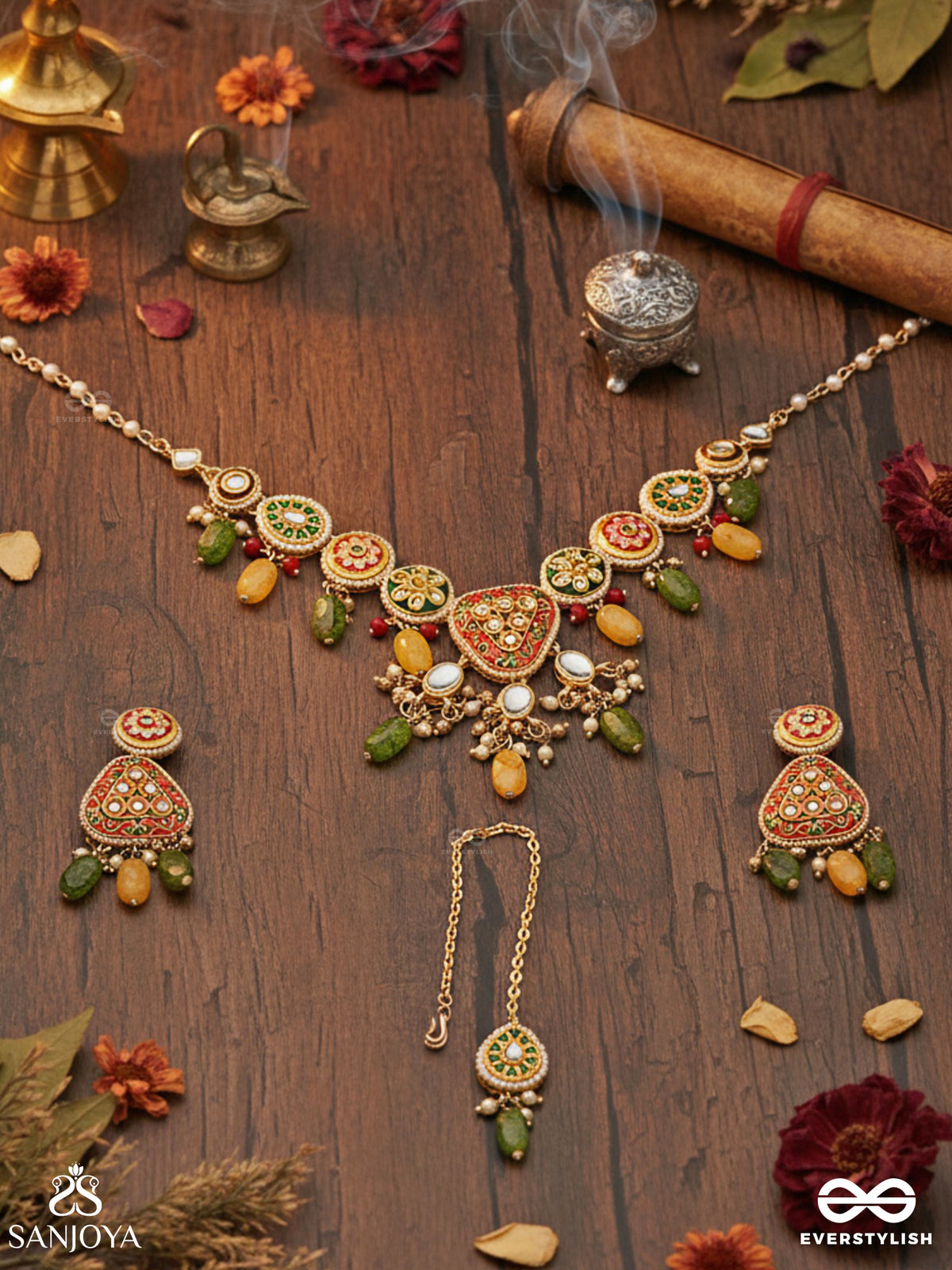 Satrangija - Rainbow-Clad- Festive Enamelled Kundan Set With Neckpiece, Earrings And Maangtika