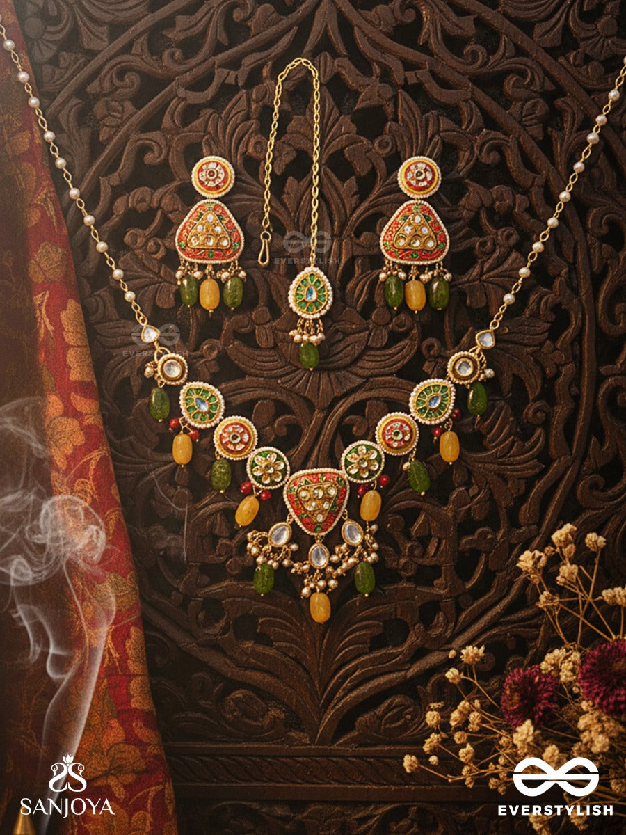 Satrangija - Rainbow-Clad- Festive Enamelled Kundan Set With Neckpiece, Earrings And Maangtika