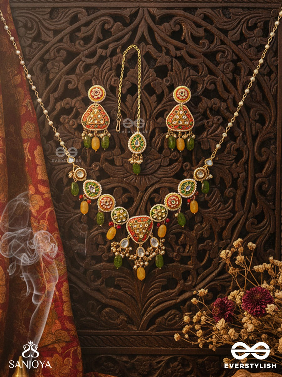 Satrangija - Rainbow-Clad- Festive Enamelled Kundan Set With Neckpiece, Earrings And Maangtika