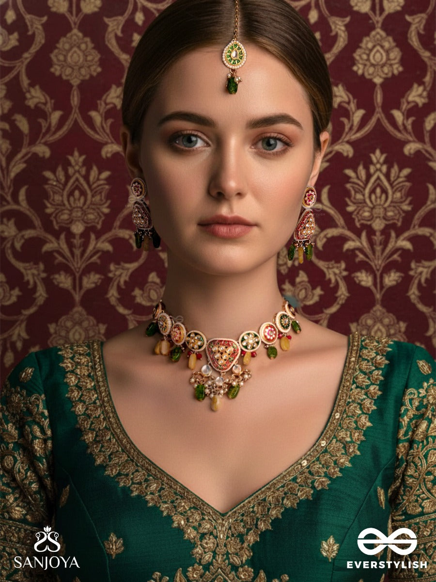 Satrangija - Rainbow-Clad- Festive Enamelled Kundan Set With Neckpiece, Earrings And Maangtika