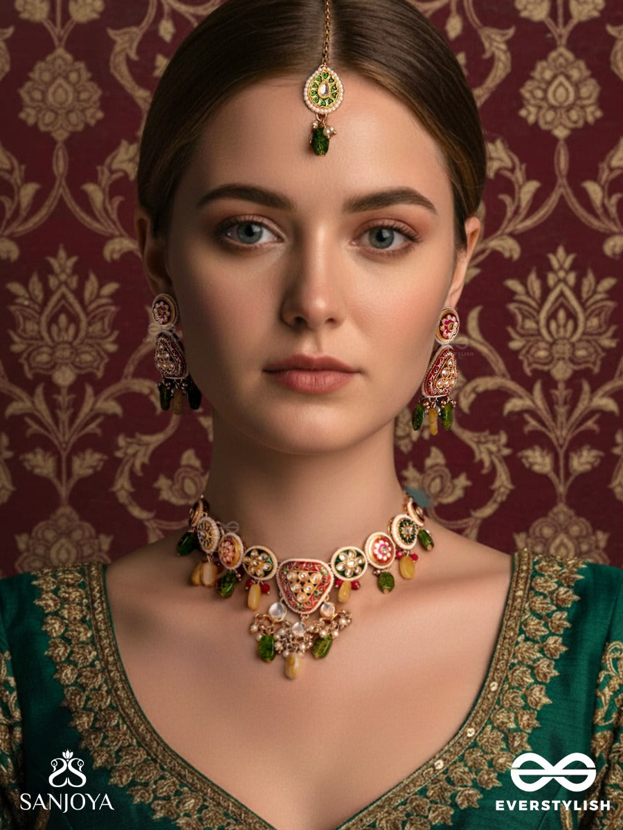 Satrangija - Rainbow-Clad- Festive Enamelled Kundan Set With Neckpiece, Earrings And Maangtika