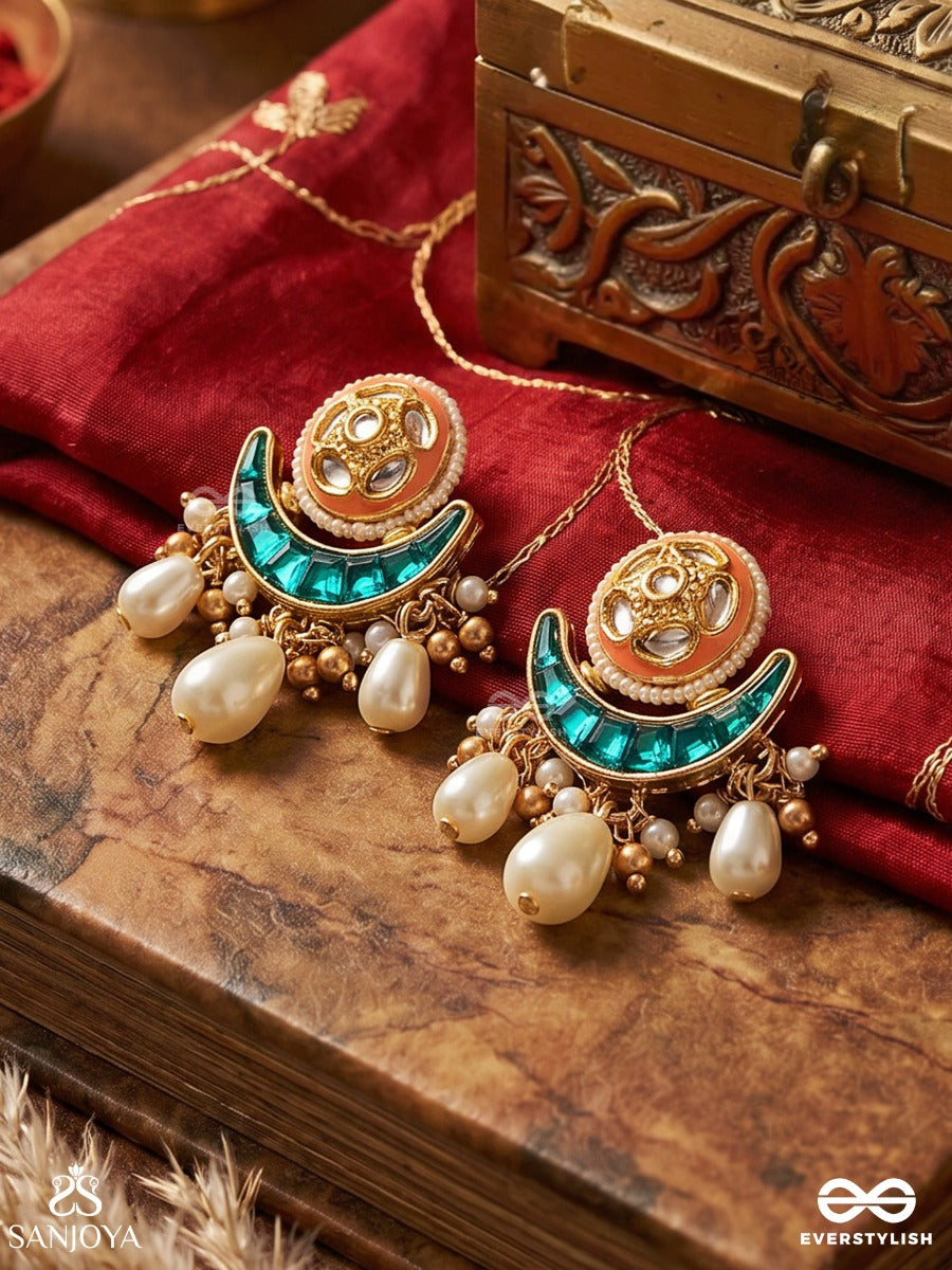 Zarika - Golden Glow - Statement Earrings With Ornamental Curve And Pearl Drop Accents