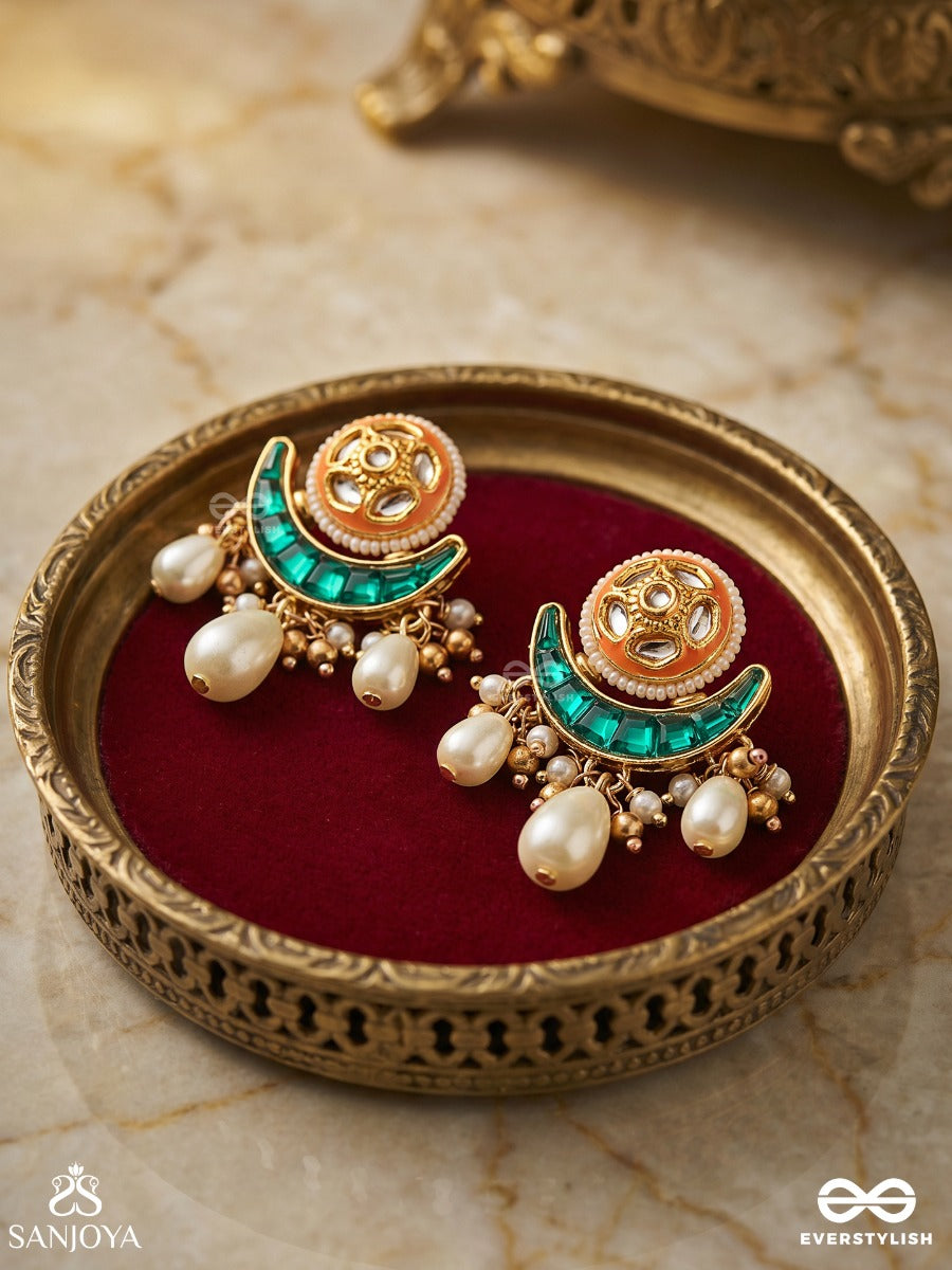 Zarika - Golden Glow - Statement Earrings With Ornamental Curve And Pearl Drop Accents