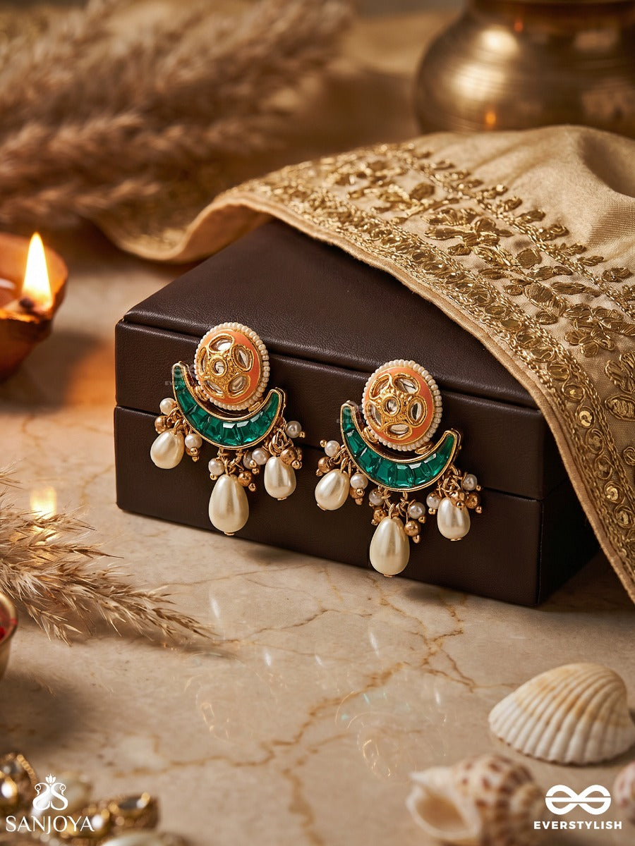 Zarika - Golden Glow - Statement Earrings With Ornamental Curve And Pearl Drop Accents