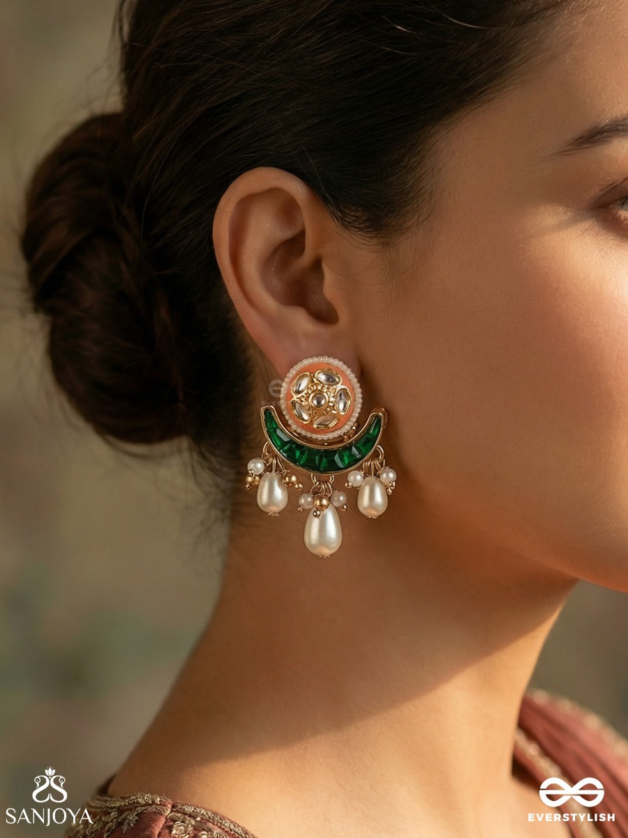 Zarika - Golden Glow - Statement Earrings With Ornamental Curve And Pearl Drop Accents