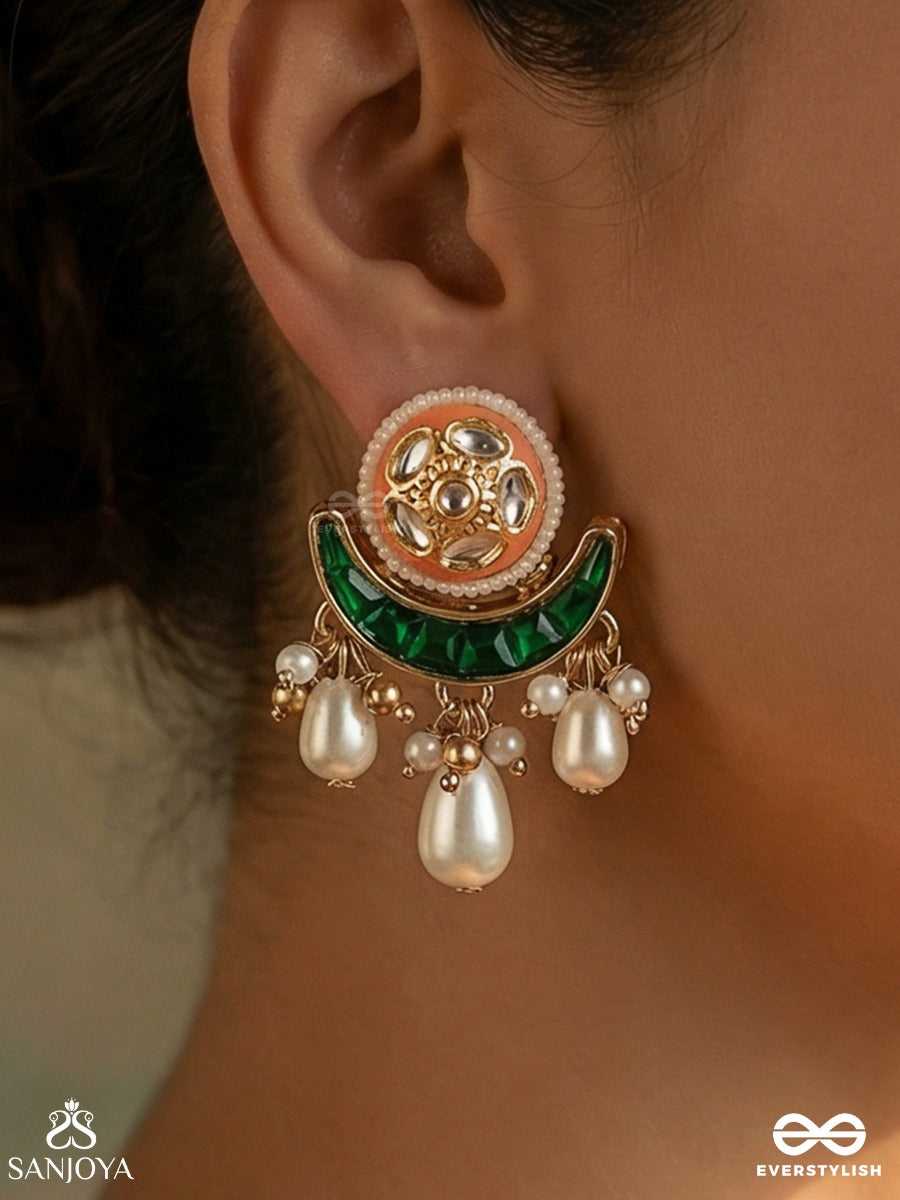 Zarika - Golden Glow - Statement Earrings With Ornamental Curve And Pearl Drop Accents