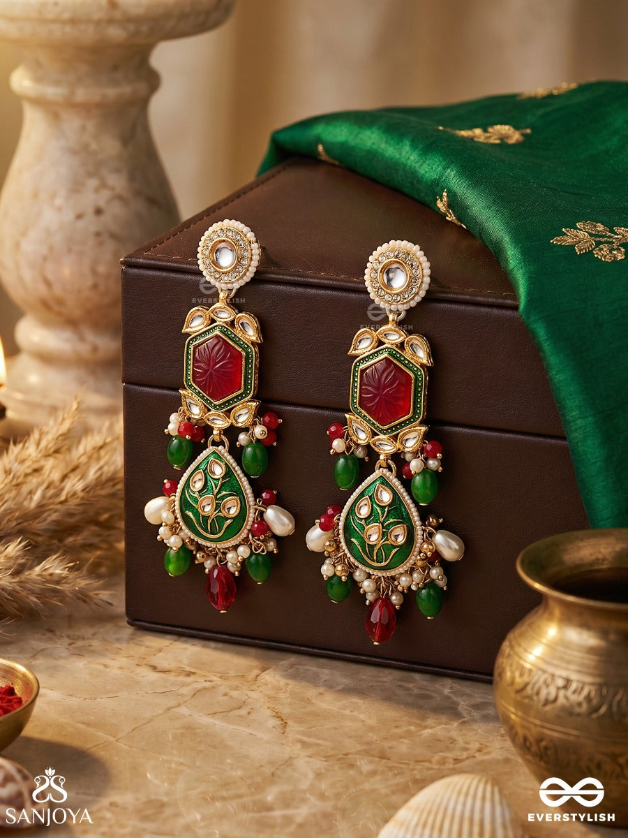 Chitralekha Ratnika - Artistic Gem - Detailed Floral Kundan Earrings With Multi-Color Drops.