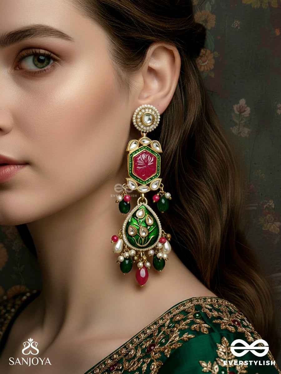 Chitralekha Ratnika - Artistic Gem - Detailed Floral Kundan Earrings With Multi-Color Drops.