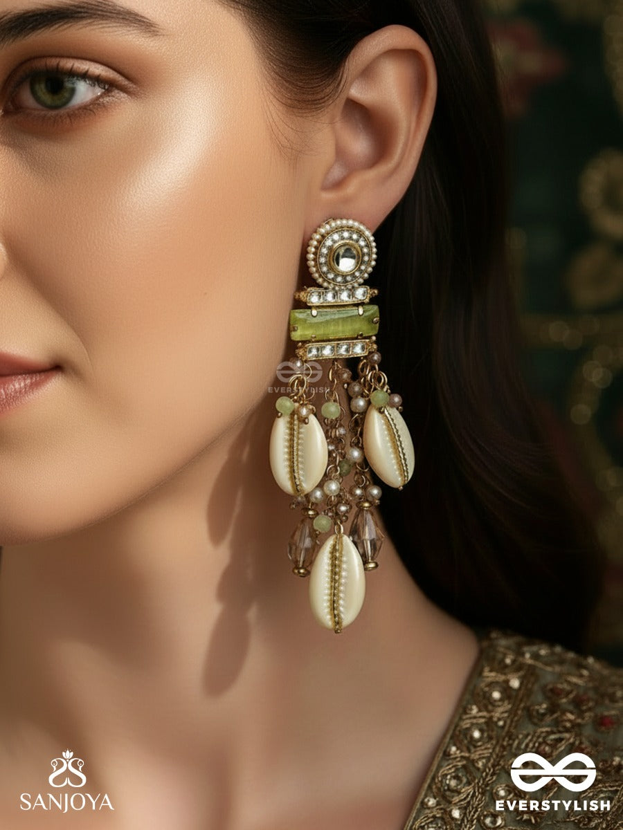 Shaankh Sundari - Conch-Like Beauty - Kundan Pastel Earrings With Pearls, Shells And Gemstones