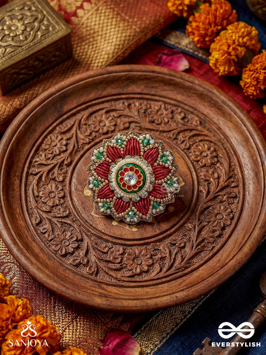 Sindoori Shobha - Vermilion Splendor - Handmade Ring With Kundan Centerpiece And Colorful Petals