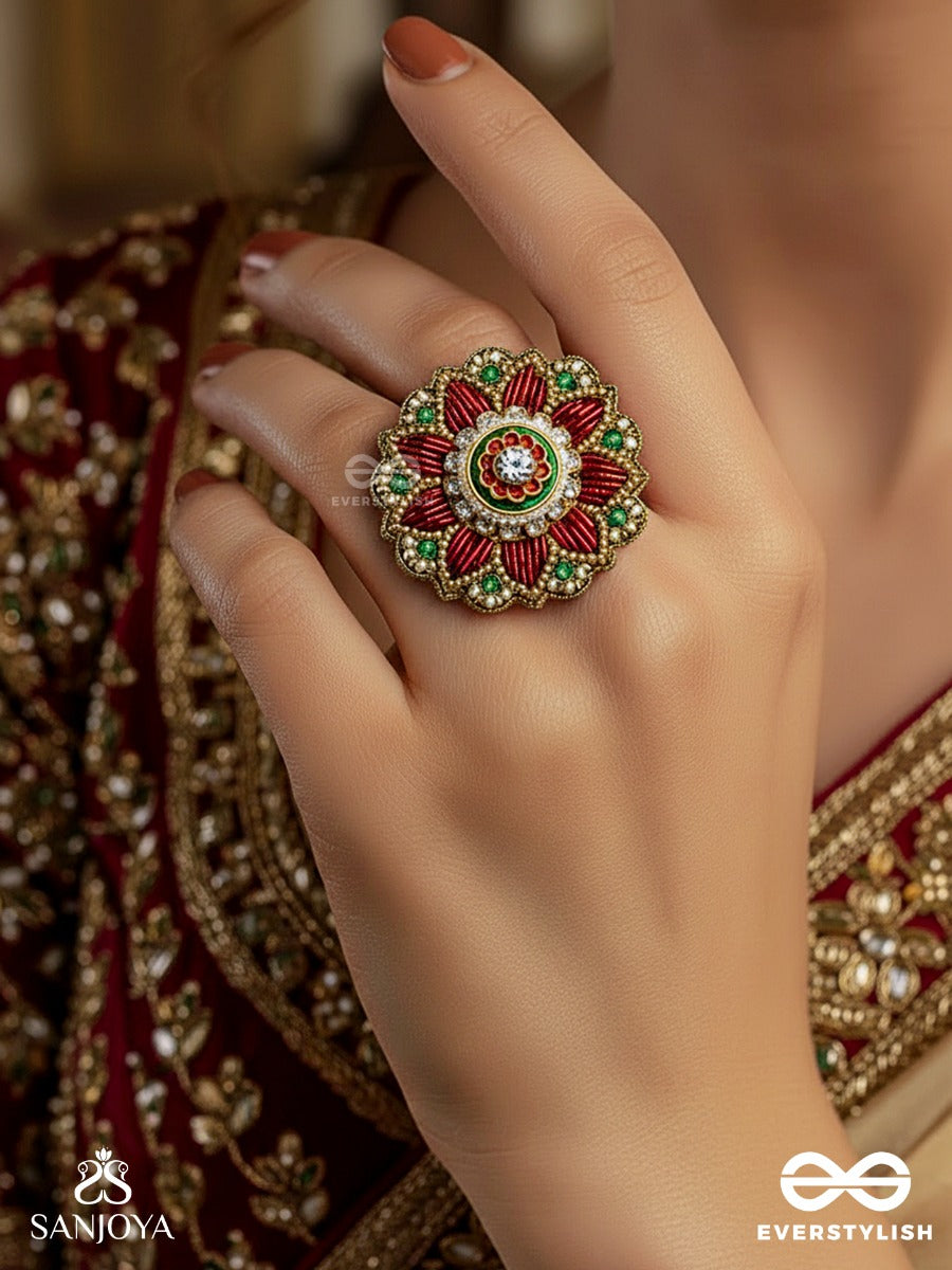 Sindoori Shobha - Vermilion Splendor - Handmade Ring With Kundan Centerpiece And Colorful Petals