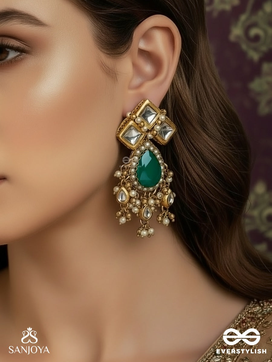 Shobhana - The Graceful One - Kundan Studded Earrings With Royal Green Center And Pearl Drops