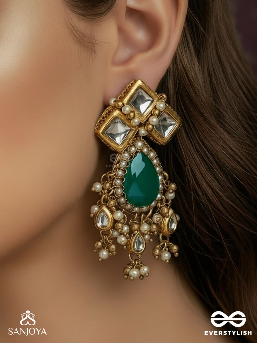 Shobhana - The Graceful One - Kundan Studded Earrings With Royal Green Center And Pearl Drops