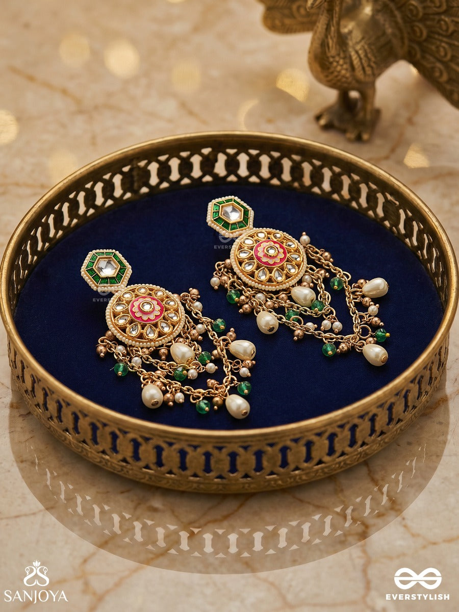 Rangini - Regal Bloom - Golden Kundan Drop Earrings With Green Gem Accents