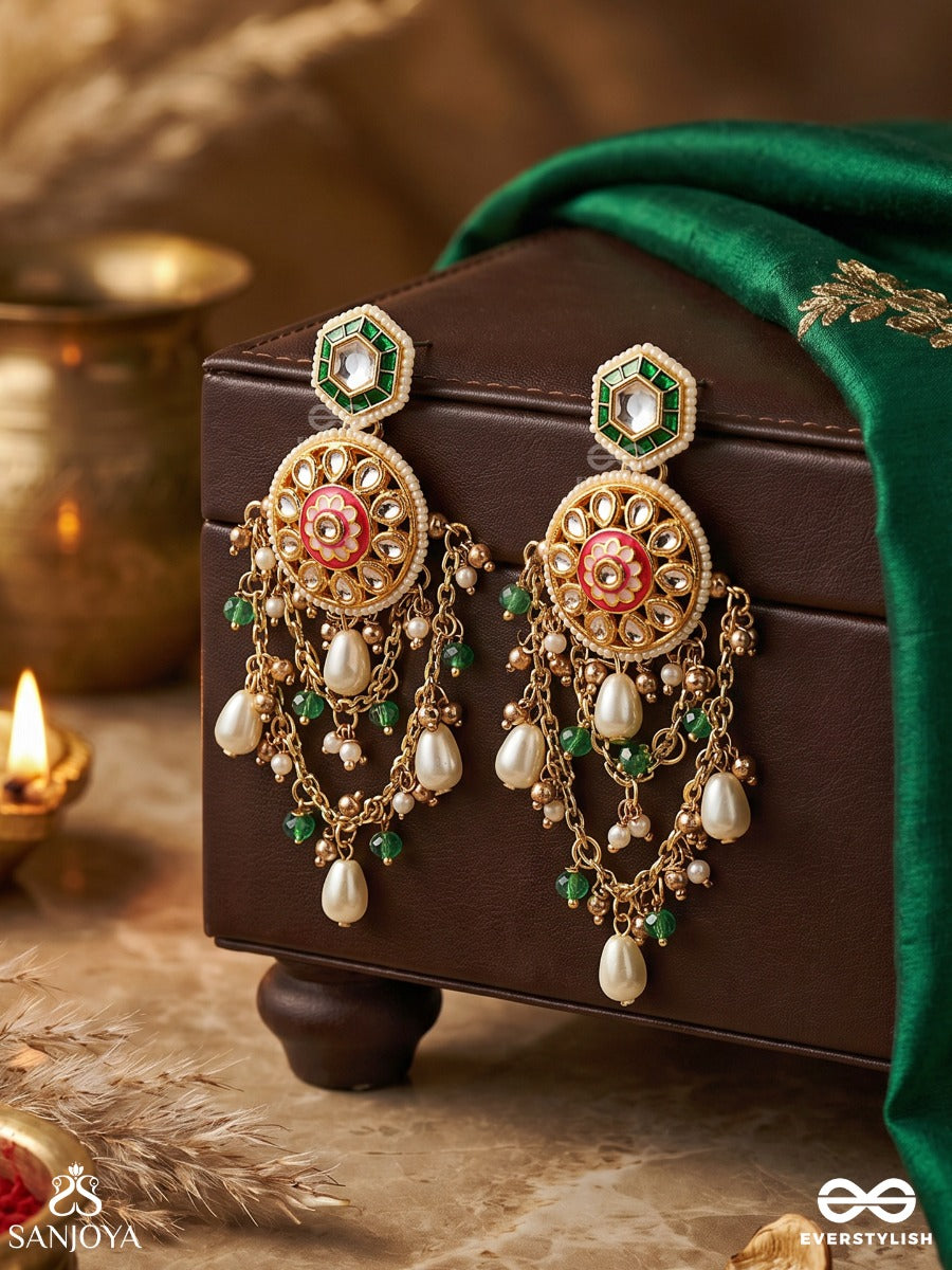 Rangini - Regal Bloom - Golden Kundan Drop Earrings With Green Gem Accents