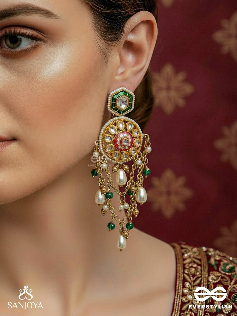 Rangini - Regal Bloom - Golden Kundan Drop Earrings With Green Gem Accents