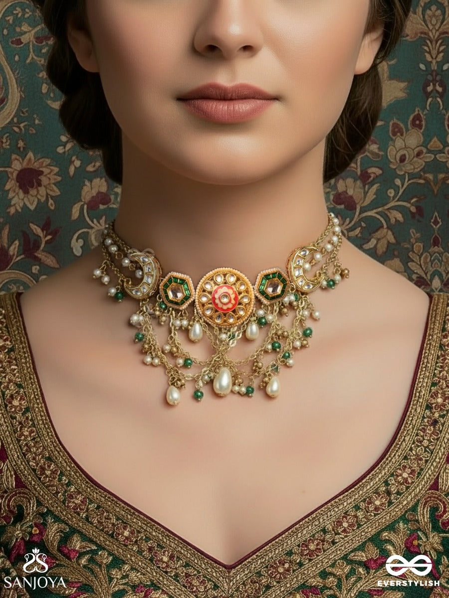 Rangini - Regal Bloom- Kundan Polki Choker With Green Enamel, Pearl Droplets & Crescent Accents