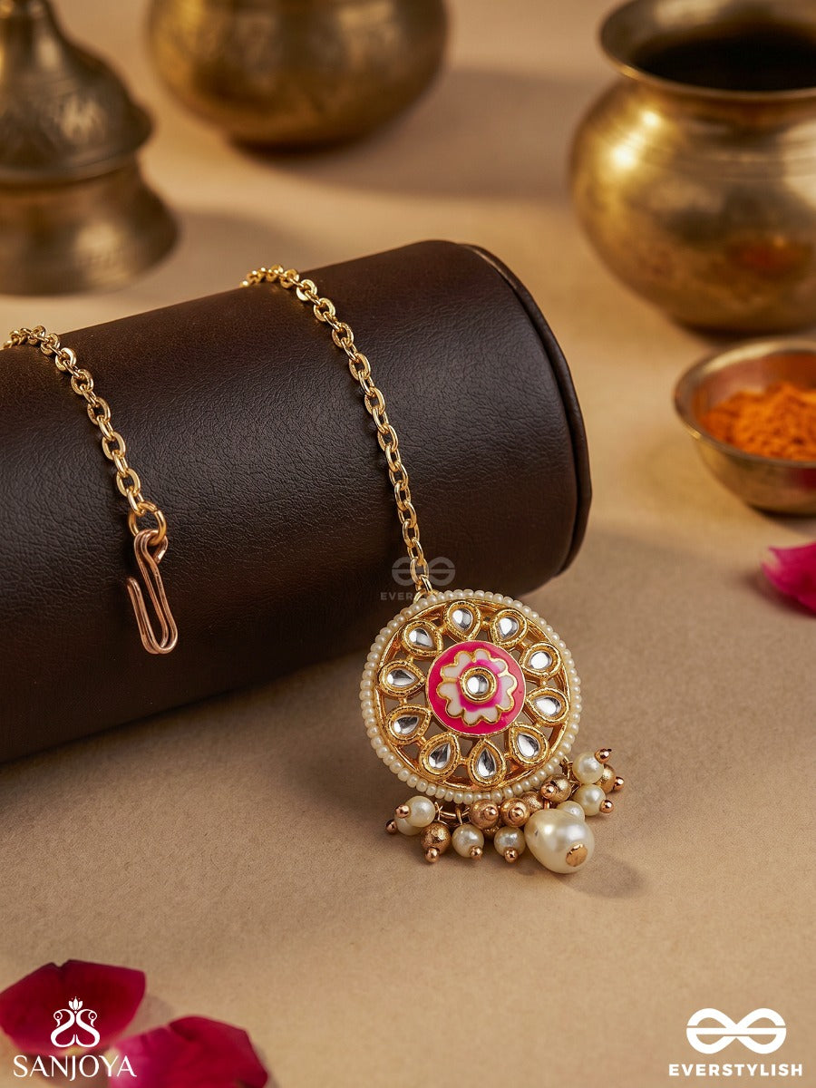 Kamalika - Lotus Charm - Delicate Maangtika With Ornamental Pendant And Dangling Pearl Details