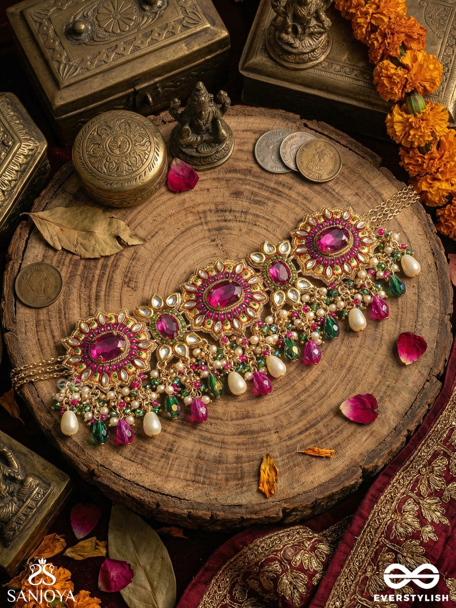 Ratnarohini - Ascent Of Jewels - Statement Necklace With Ornate Cluster Design And Multi-Colour Dangling Accents