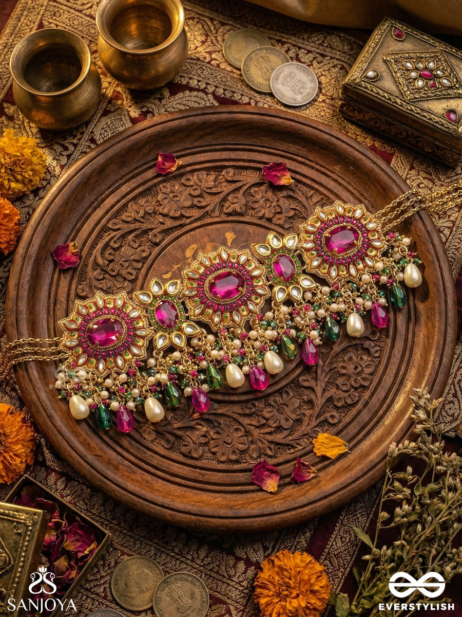 Ratnarohini - Ascent Of Jewels - Statement Necklace With Ornate Cluster Design And Multi-Colour Dangling Accents