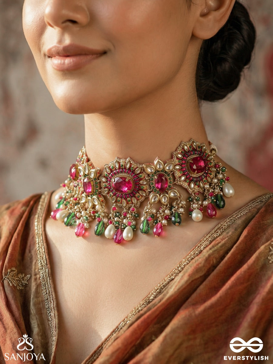 Ratnarohini - Ascent Of Jewels - Statement Necklace With Ornate Cluster Design And Multi-Colour Dangling Accents