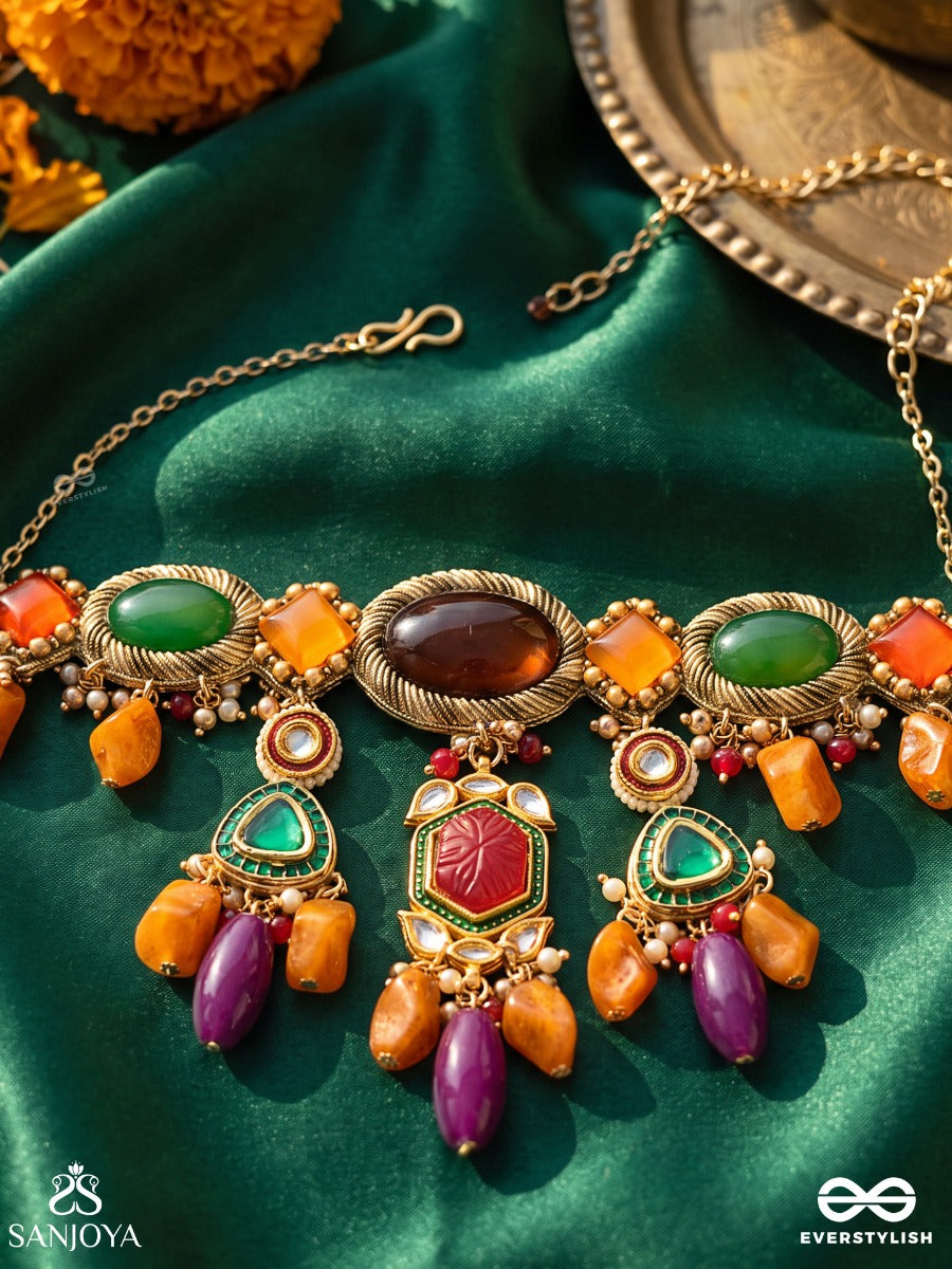 Kanchanakalpa - Golden Fantasy - Droplet Neckpiece In Green, Orange, And Ruby-Purple Embellishments