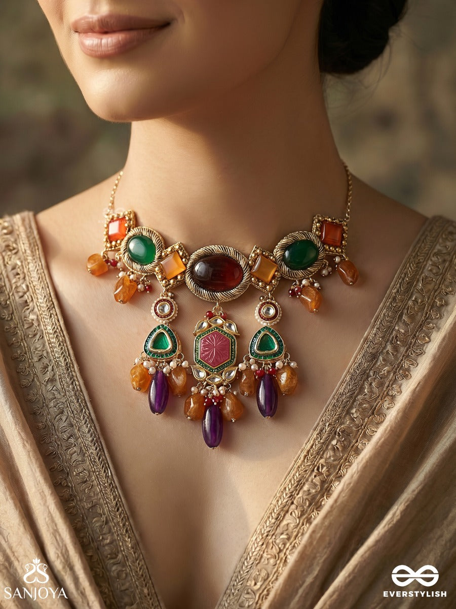 Kanchanakalpa - Golden Fantasy - Droplet Neckpiece In Green, Orange, And Ruby-Purple Embellishments