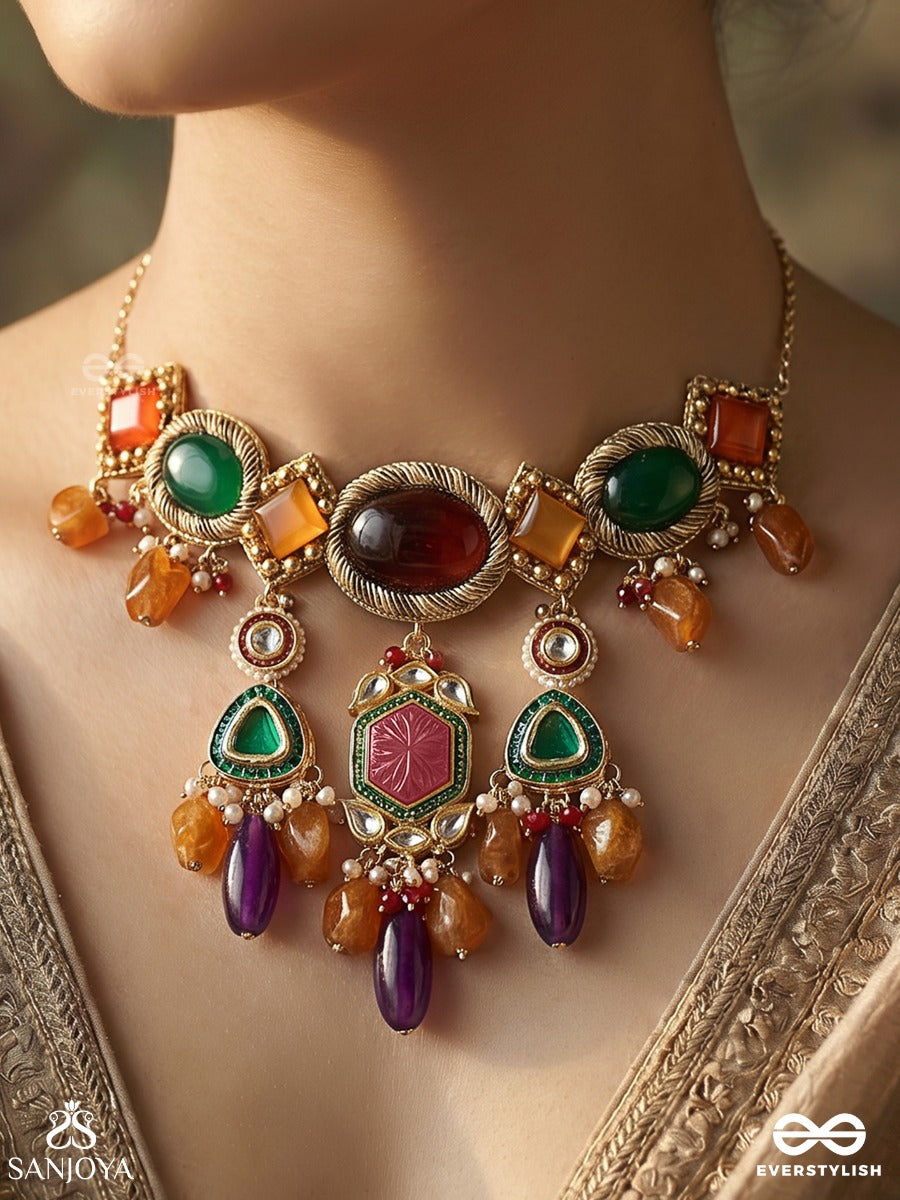 Kanchanakalpa - Golden Fantasy - Droplet Neckpiece In Green, Orange, And Ruby-Purple Embellishments