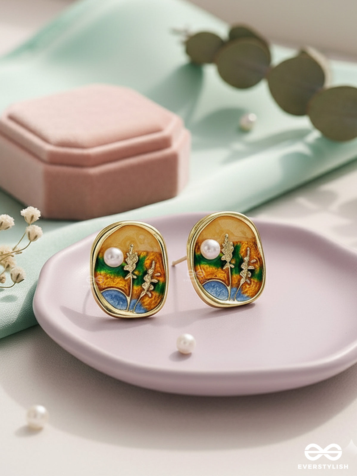 Sunlit Bloom- Enamel Earrings With Floral Motif And Pearls