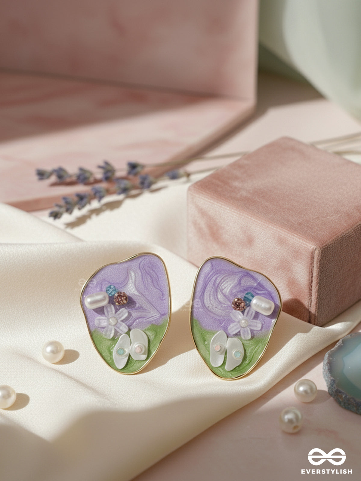 Lavender Leaf - Whimsical Floral Earrings With Enamel Details