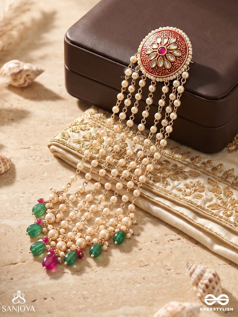 Tarangini Maharaani - The Royal Cascade - Triple-Layered Kundan Beaded Hair Accessory With Pearls And Beads