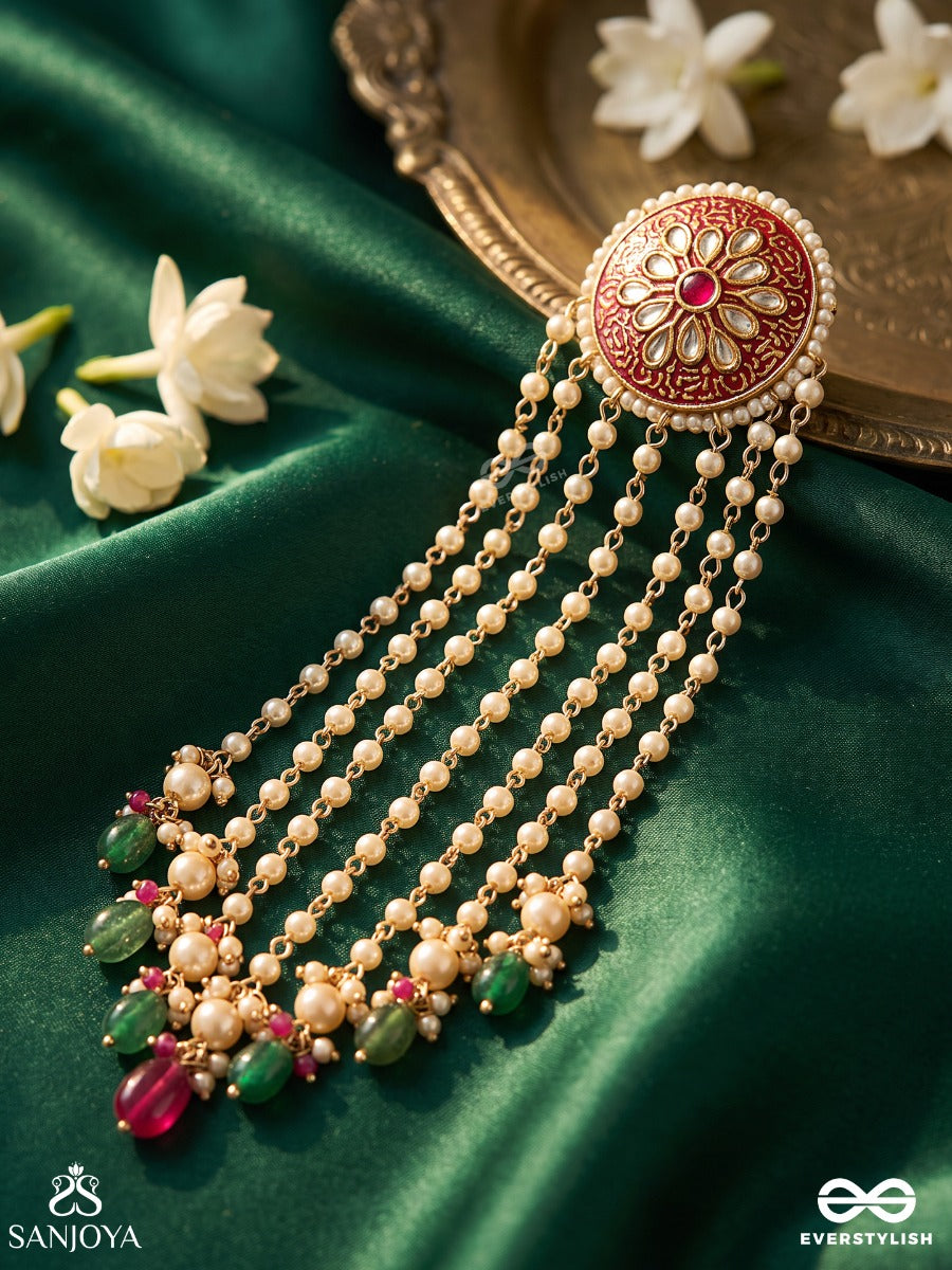 Tarangini Maharaani - The Royal Cascade - Triple-Layered Kundan Beaded Hair Accessory With Pearls And Beads