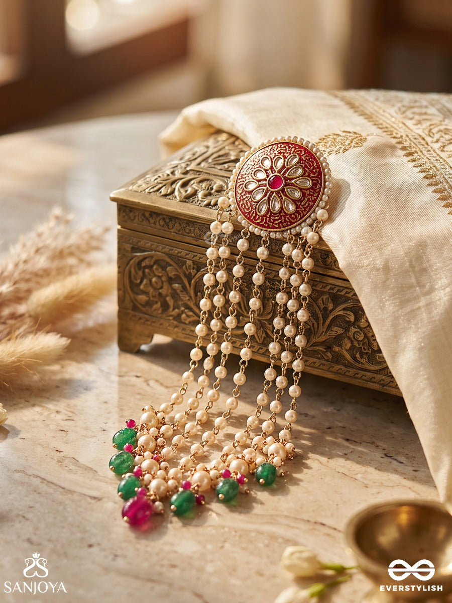 Tarangini Maharaani - The Royal Cascade - Triple-Layered Kundan Beaded Hair Accessory With Pearls And Beads