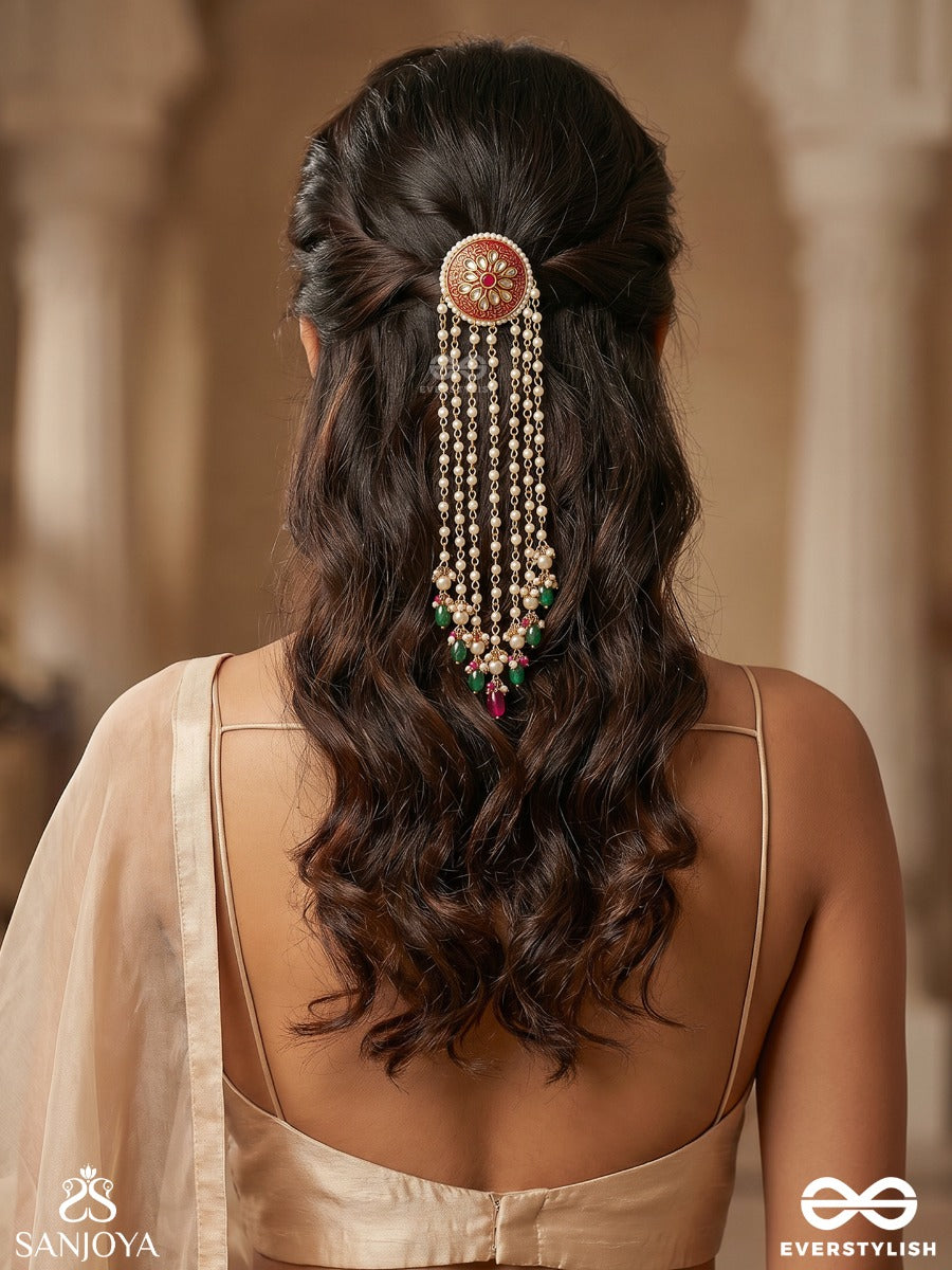 Tarangini Maharaani - The Royal Cascade - Triple-Layered Kundan Beaded Hair Accessory With Pearls And Beads