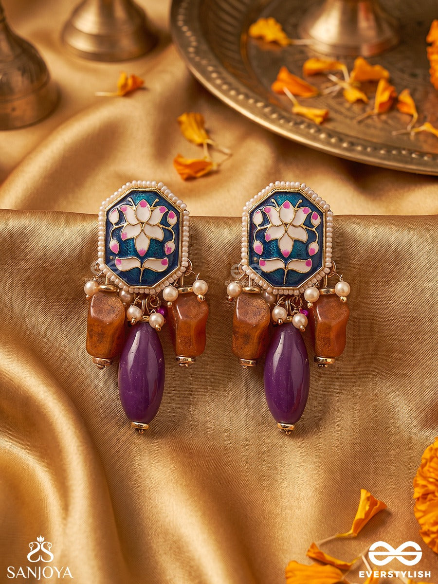 Padmabhusan - Lotus Adornment - Kundan Earrings With Pearls, Purple And Amber Beads