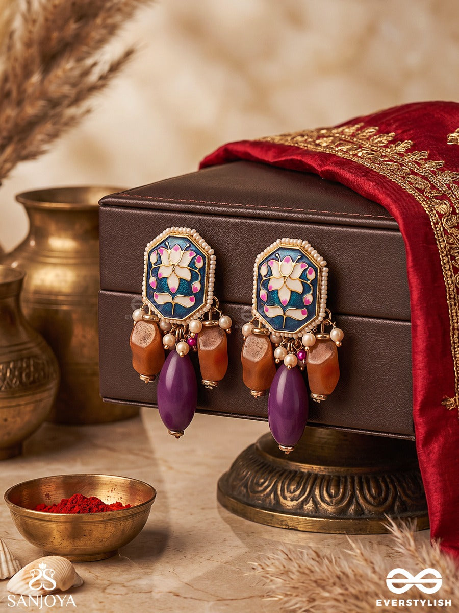 Padmabhusan - Lotus Adornment - Kundan Earrings With Pearls, Purple And Amber Beads