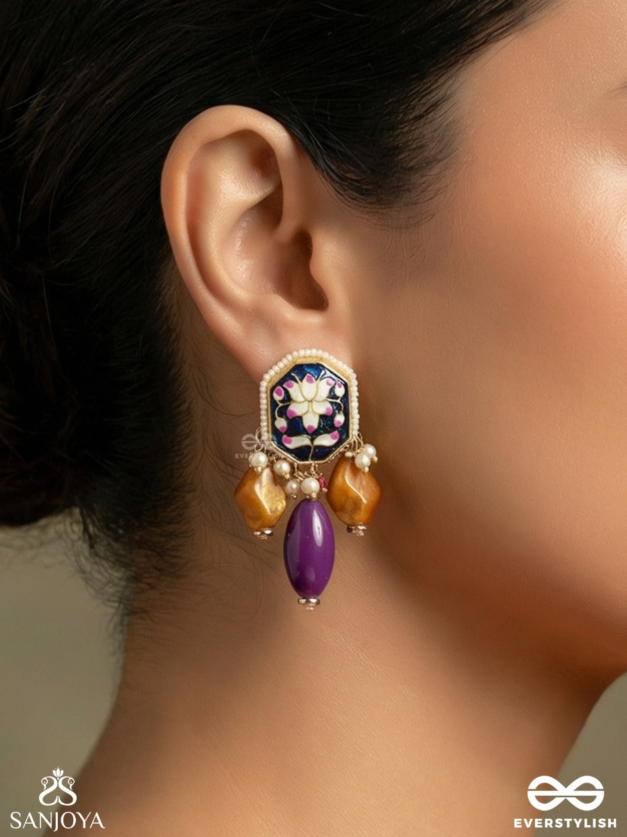 Padmabhusan - Lotus Adornment - Kundan Earrings With Pearls, Purple And Amber Beads