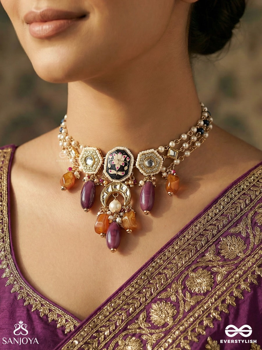 Padmabhusan - Lotus Adornment - Kundan Pendant With Pearls, Purple And Amber Beads
