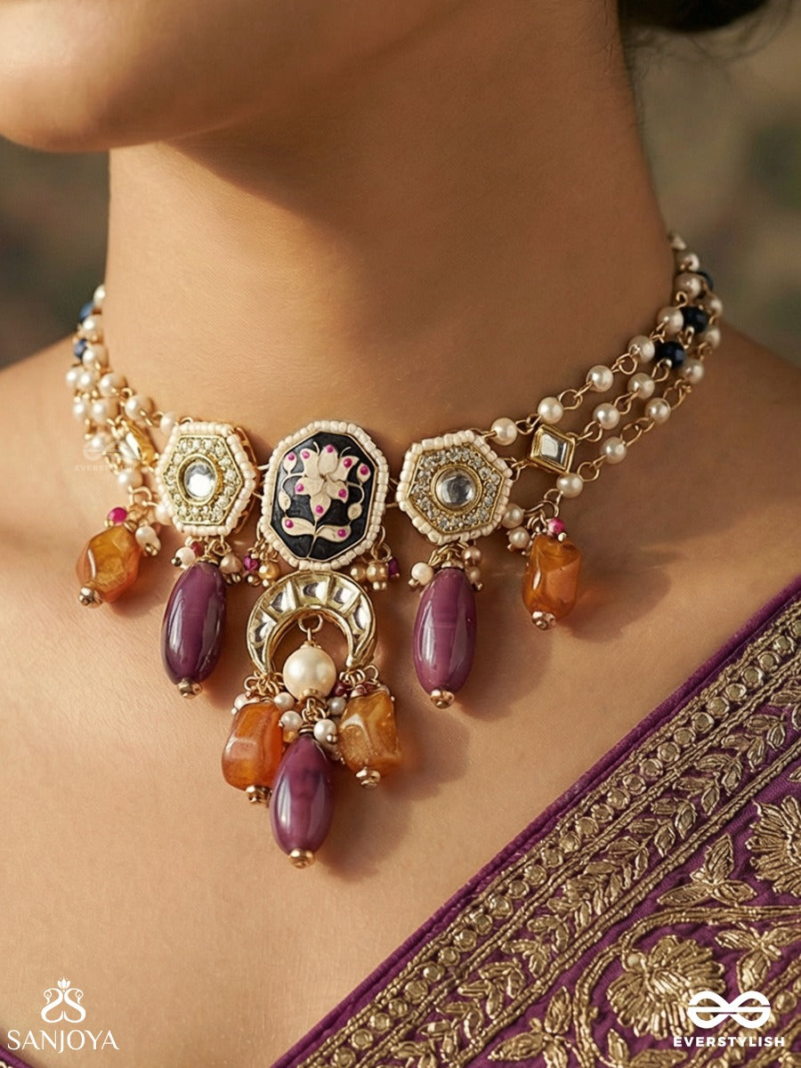 Padmabhusan - Lotus Adornment - Kundan Pendant With Pearls, Purple And Amber Beads
