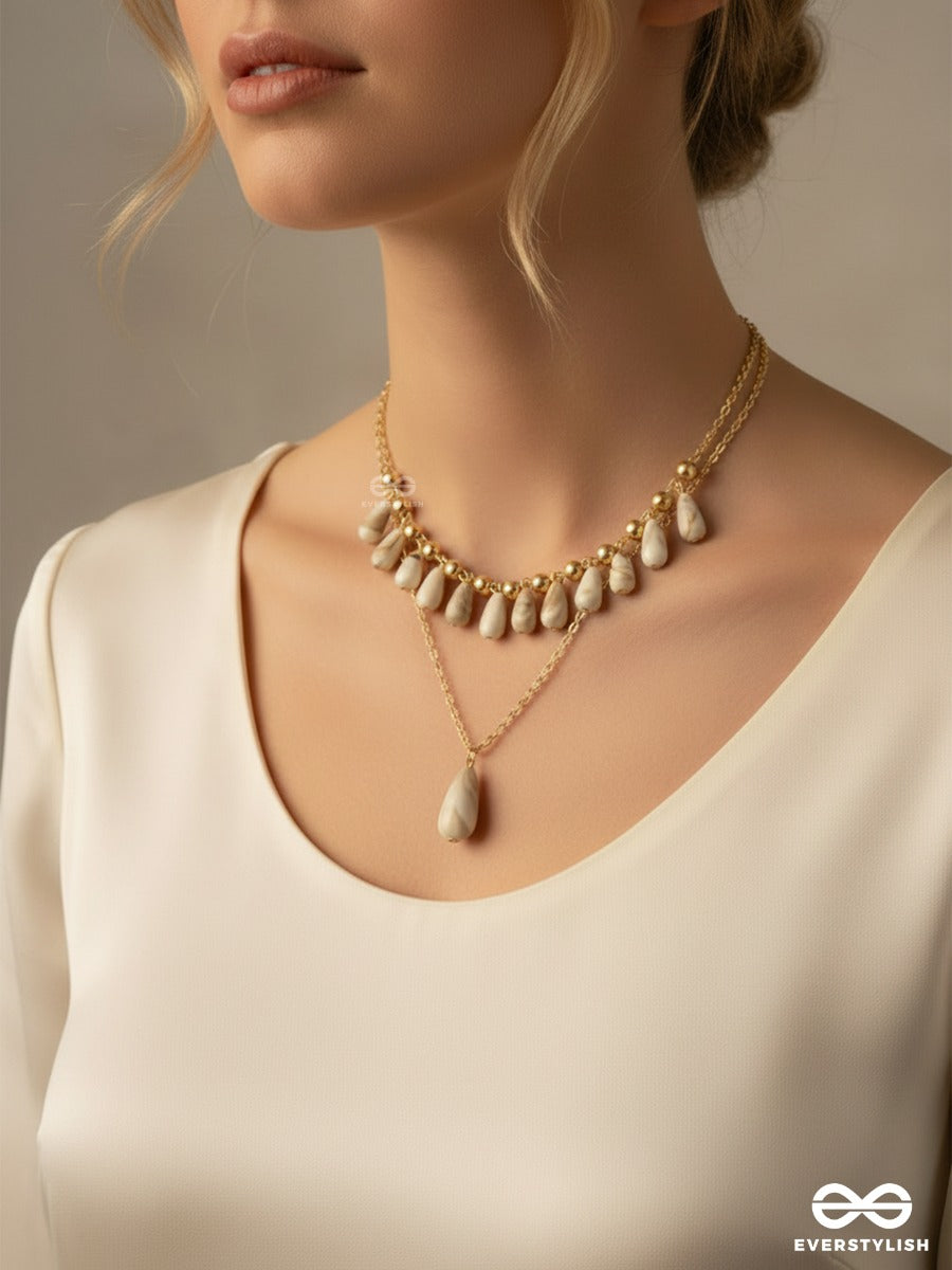 Tidal Glow - Layered Golden Sandstone Necklace With Natural Shell Drops