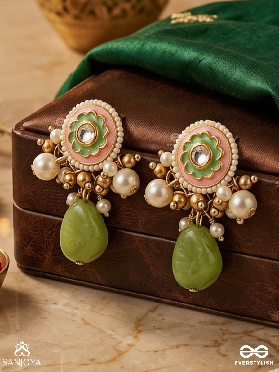 Haritala Leela - Green Playfulness- Elegant Green Droplet Earring With Pearls And Kundan Motif Accents