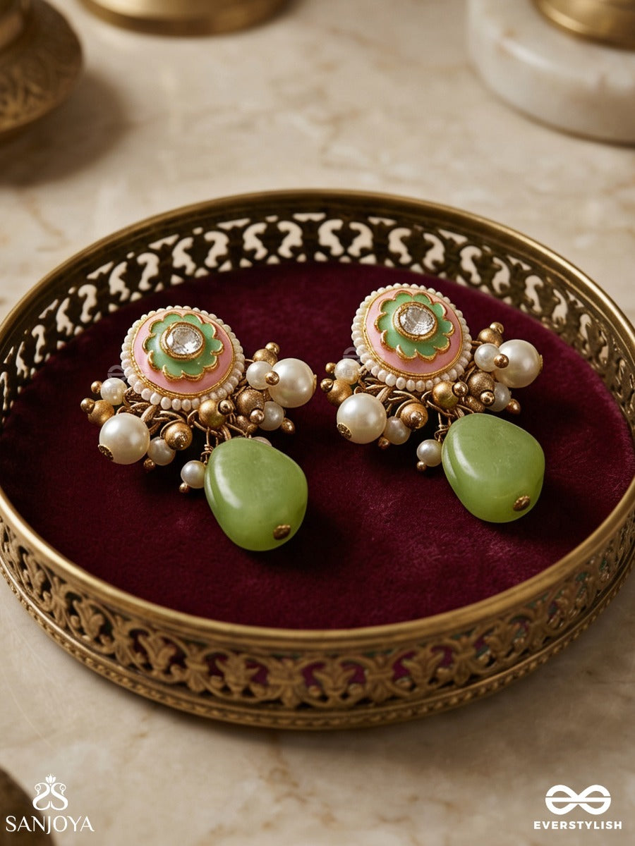 Haritala Leela - Green Playfulness- Elegant Green Droplet Earring With Pearls And Kundan Motif Accents
