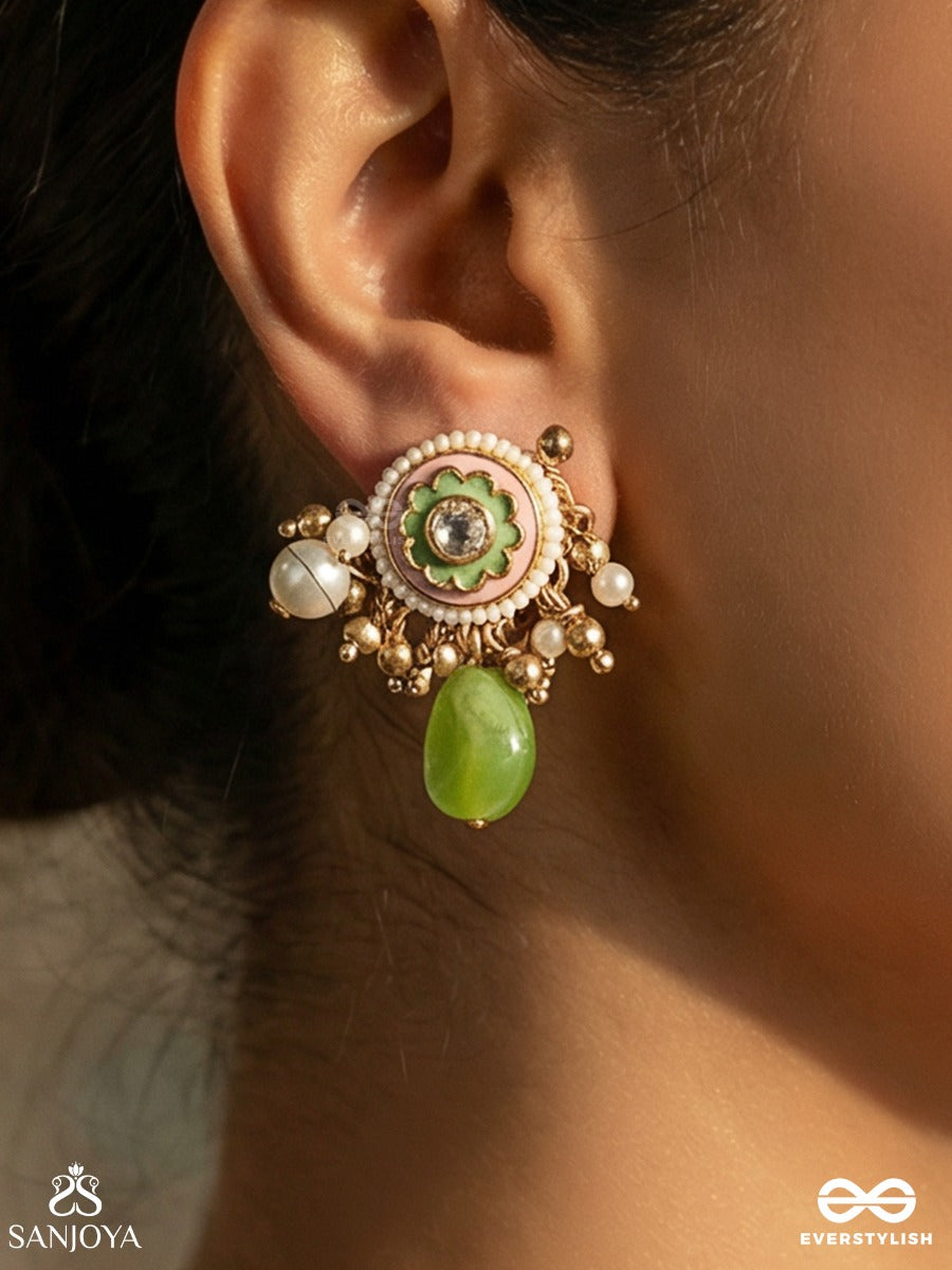 Haritala Leela - Green Playfulness- Elegant Green Droplet Earring With Pearls And Kundan Motif Accents