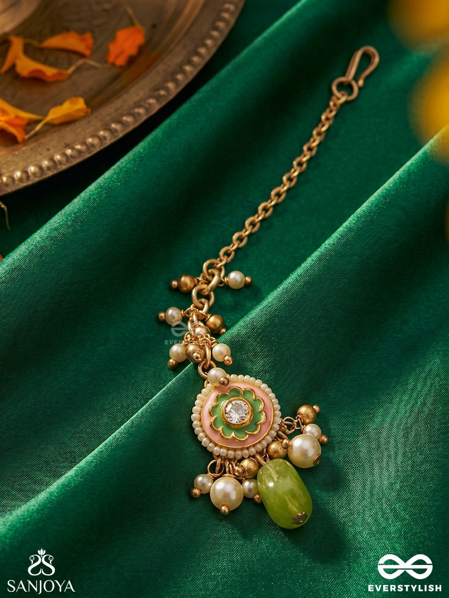Haritala Leela - Green Playfulness-Elegant Green Droplet Maangtika With Pearls And Kundan Motif Accents