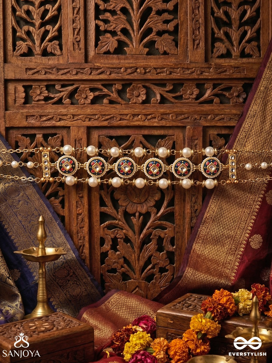 Kanchana Lahari - Golden Wave - Statement Kundan Choker With Pearl And Golden-Tinted Beaded Drops