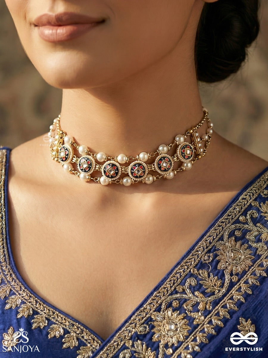 Kanchana Lahari - Golden Wave - Statement Kundan Choker With Pearl And Golden-Tinted Beaded Drops